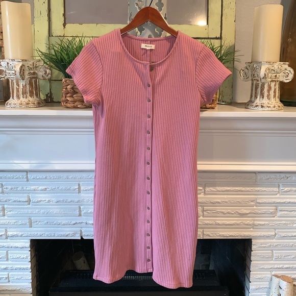 Madewell Pink Button Front Ribbed Short Sleeve Mini Dress Size Medium - Picture 1 of 8